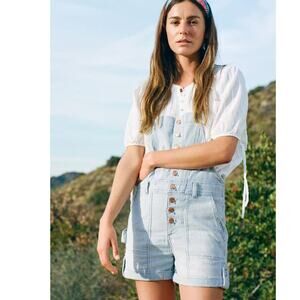 New Anthropologie Pilcro Everyday Short Overalls $128 SIZE 27 Railroad Stripe